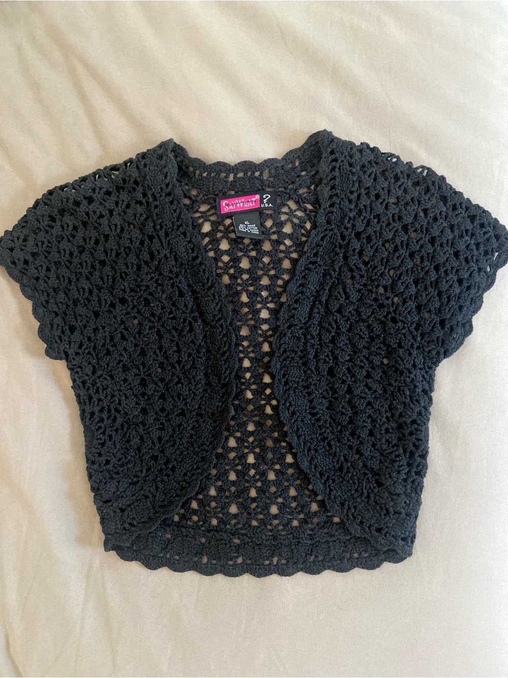 Crochet Short-Sleeve Black Bolero Shrug, Women’s Cardigan Sweater